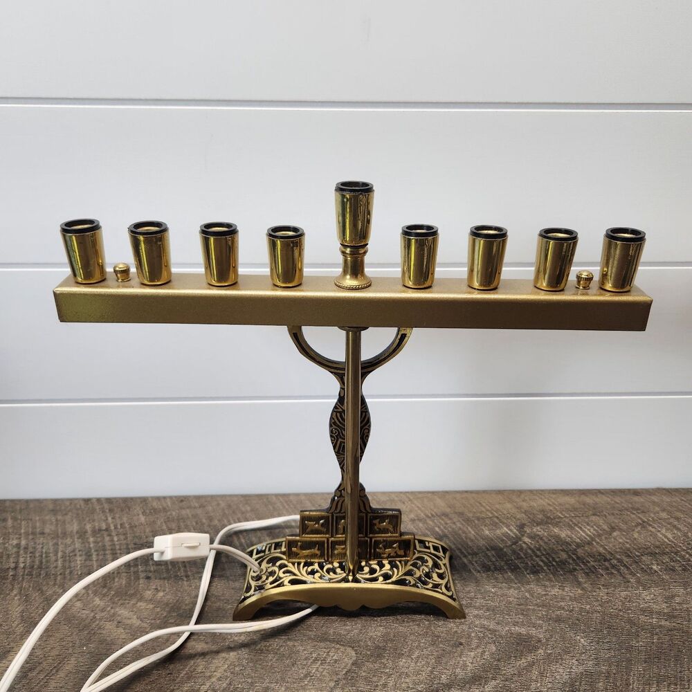 Electric Brass Hanukkah Menorah Twelve Tribes of Israel No Bulbs Works - Picture 3 of 6